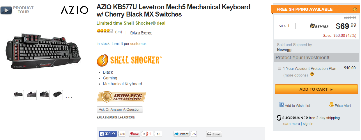 캡처.PNG : [newegg] AZIO KB577U Levetron Mech5 Mechanical Keyboard w/ Cherry Black MX Switches [69.99/fs]